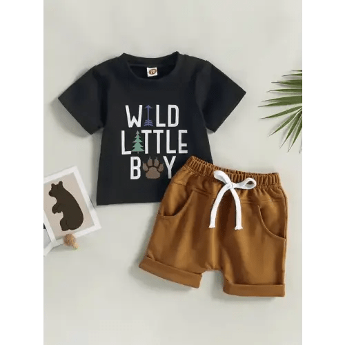 0-3Y Toddler Baby Boys Summer Clothes Sets Short Sleeve Letter Print T-shirt + Solid Color Drawstring Shorts