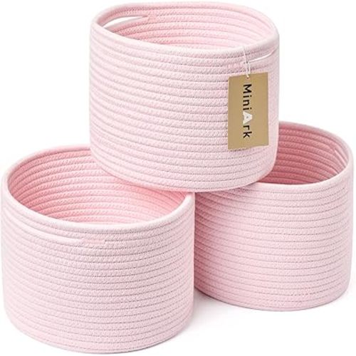 Small Storage Basket for Organizing | Cube Shelf Closet Storage Baskets | 9.7×9.7×7.1” Cute Baby Basket for Nursery | Woven Rope Basket Bins | Gift Basket Easter | Round 3 Packs Light Pink