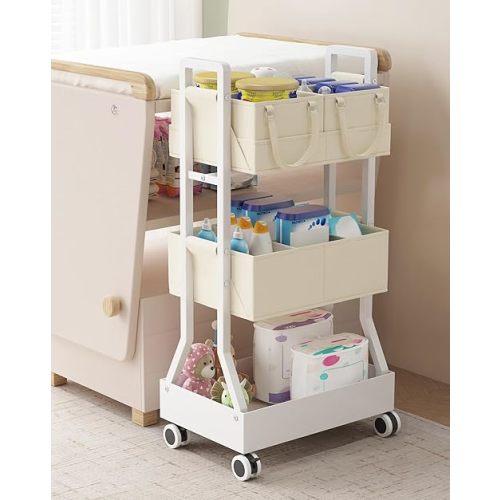 2In1 Baby Diaper Caddy Organizer Cart- Rolling Diaper Cart with Detachable Dividers-Baby Essentials Nursery Storage, for Crib, Bedroom,Kitchen, Bathroom(Off White)