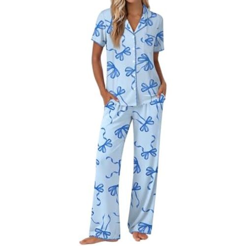Ekouaer Pajamas for Women Set Button Up Soft Pjs Short Sleeve 2 Piece Lounge Sets Comfy Sleepwear