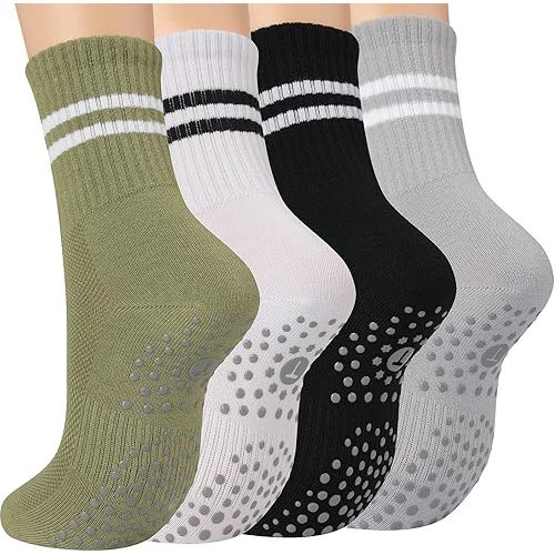 Toes Home Pilates Socks for Women with Non Slip Grippers, Yoga Crew Socks for Barre Hospital Sticky Slipper Socks 4 Pairs