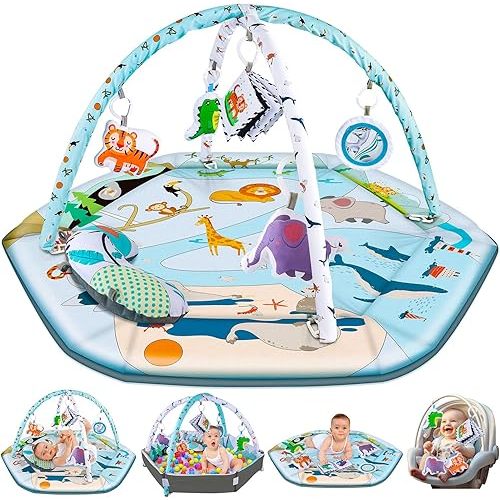 VZO Baby Gym Play Mat, Infant Play Mat and Activity Gym, 2 in 1 Baby Play Gym Mat & Ball Pit, Activity Center for Baby, Play Mats for Babies and Toddlers, Tummy Time Mat Toys 0-3-6-12 Months