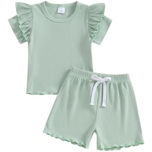 Kupretty Toddler Baby Girl Summer Clothes Ruffle Ribbed Knit Short Sleeves T-Shirt Tops + Shorts Cute Outfits Set