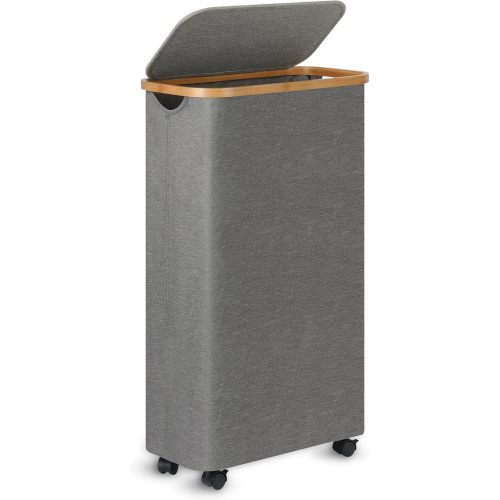 Slim Laundry Basket with Wheels,Narrow Hampers for Laundry, Laundry Hamper with Lid&Bamboo Handles,Dirty Clothes Hamper for for Bathroom Bedroom Dorm, 60L Grey