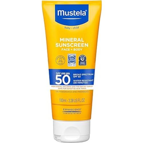 Mustela Baby Mineral Sunscreen Lotion SPF 50 Broad Spectrum - Face & Body Sun Lotion for Sensitive Skin - Water Resistant & Fragrance Free - Regular & Family Size