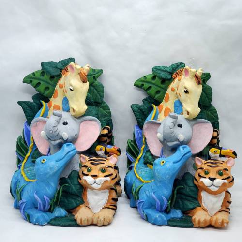 Vintage Figi Graphics Bookends Jungle Friends Safari Zoo Animals Resin Set Of 2