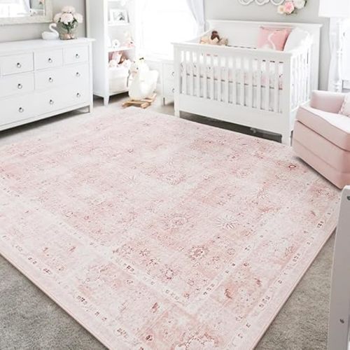 Pink Rug 5x7 for Nursery,Machine Washable Pink Rug for Bedroom Girls Living,Blush Super Soft Faux Wool Boho Floral Carpet 5 by 7 Pink and White