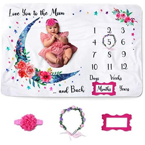 Jamie&Jayden Baby Monthly Milestone Blanket for Baby Girl, Photo Blanket for Newborn and Baby Pictures. Includes Headband, Wreath and Frame 60”x40