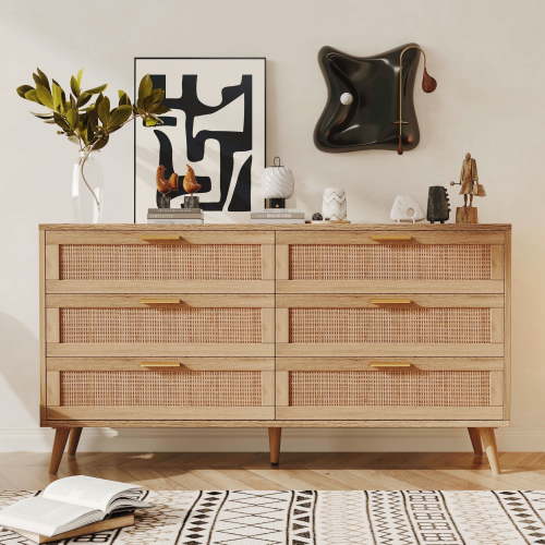 Rovaurx 6 Drawer Double Dresser Chest, Bedroom Chest of Dressers, Rattan Beside Table, Natural