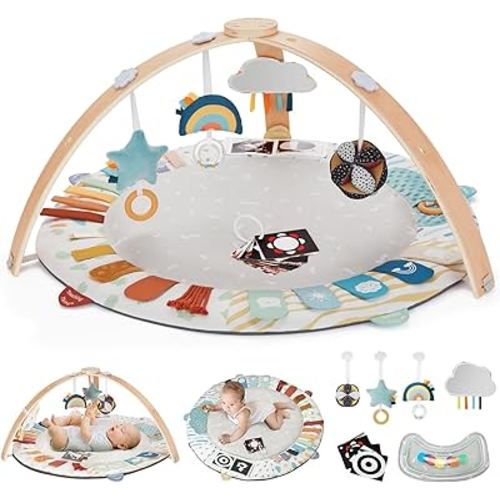 Blissful Diary Baby Play Gym & Mat, 5 Developmental Zones Baby Activity Mat, Wooden Tummy Time Mat with 6 Detachable Sensory Toys for Motor Skills & Sensory Development, Baby Essentials Shower Gift