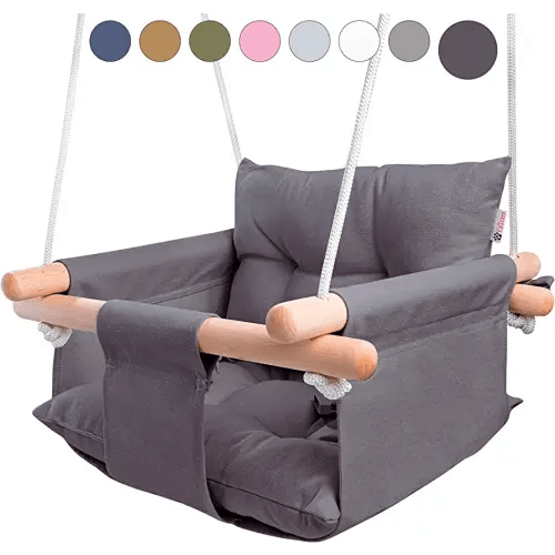 CaTeam - Canvas Baby Swing, Wooden Hanging Swing Seat Chair with Safety Belt, Durable Baby Swing Chair, Outdoor and Indoor Swing for Kids, Mounting Hardware Included, Dark Gray