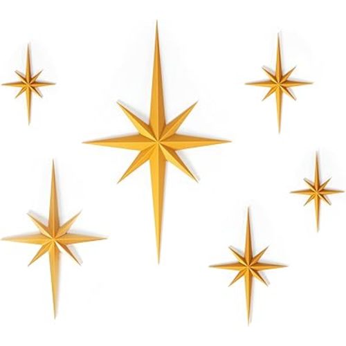 Stylor Mid Century Modern Decor, Gold Mcm Retro 3D Star Art Wall Sculpture, Plastic Starburst Decor, Vintage Celestial Whimsigoth Home Decor Accent. (Set of 6)