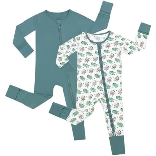 JunNeng 2Pcs Baby Rayon from Bamboo Sleeper with Mitten Cuffs, Footless Zipper Cozy Pjs, Non-Slip Soles Romper