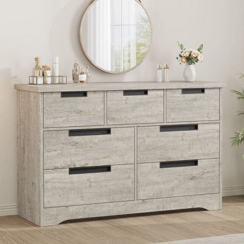 7 Drawer Dresser for Bedroom, Natural Double Dresser Organizer with Embedded Handles Design, Wooden Chest of Drawers for Living Room Nursery Hallway