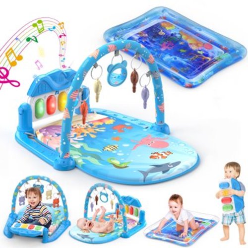 WonderStone 2 in 1 Baby Gym Playmat, Tummy Time Water Mat with 5 Infant Sensory Baby Toys & Play Piano, Boys and Girls Newborn Baby Gift 0-12 Month (Blue)