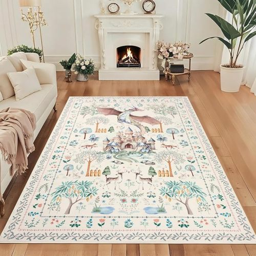 nesrt Washable Area Rugs for Living Room 5x7ft Beige, Soft Dragon Animal Print Bedroom Rugs Non Slip, Botanical Forest Kids Nursey Playroom Floor Carpets for Dining Room Farmhouse Home Office Decor