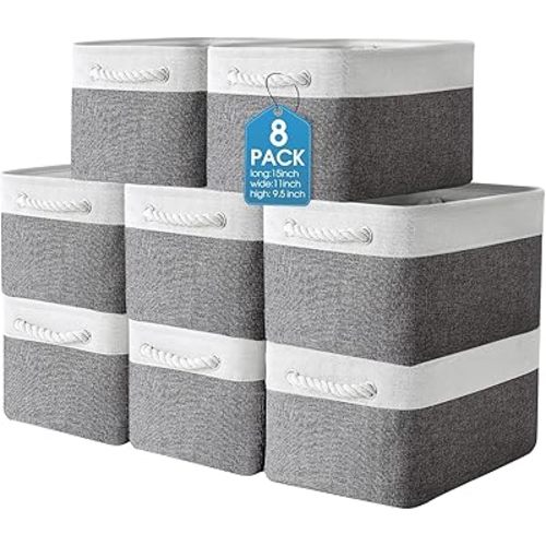meekoo 8 Pack Collapsible Storage Bins Fabric Storage Bins Polyester Fabric Baskets with Handles Linen Closet Organizer for Shelf Home Closet Towels Toys(15 x 11 x 9.5 in,Gray White)