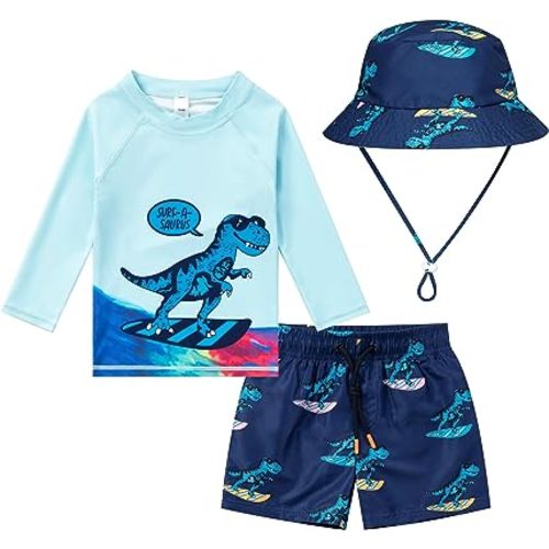 Toddler and Baby Boys' 3-Piece Swimsuit Trunk, Long Sleeve Rashguard Bathing Suit with Hat Set