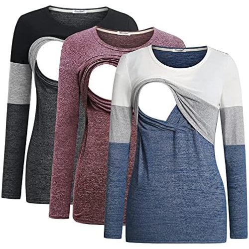Bearsland Women's 3 Packs Maternity Clothes Long Sleeves Breastfeeding Shirts Nursing Top