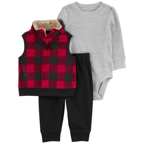 Baby 3-Piece Buffalo Check Fleece Little Vest Set