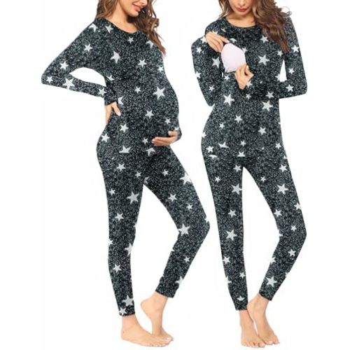 Ekouaer Nursing Pajama Set Long Sleeve Maternity Sleepwear Labor Delivery Pjs Breastfeeding Thermal Underwear Clothes
