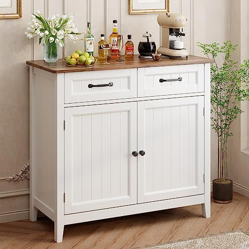 Gizoon Kitchen Sideboard Buffet Cabinet, 32'' H Large Kitchen Storage Island and Adjustable Shelf, Modern Coffee Bar Console Cabinet for Dining Room, Bathroom, Entryway, Retro