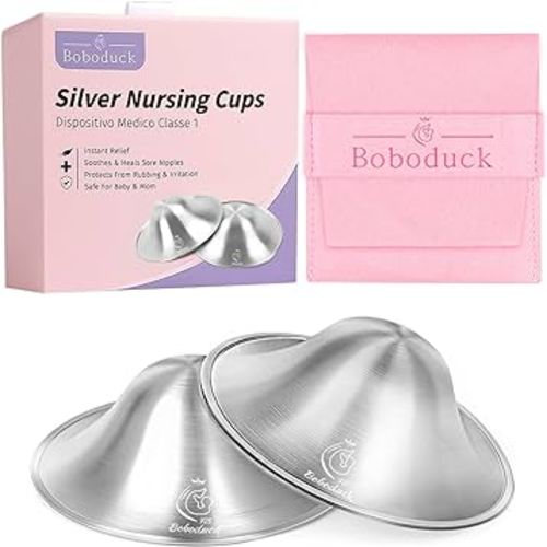 Boboduck The Original Silver Nursing Cups - 925 Silver Nipple Covers Breastfeeding - Protect and Soothe Sore Nipples - Silver Nipple Shield Guards with Soft Silicone Ring (Regular)