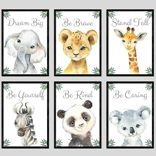 Baby Safari Animals for Girl or Boy Nursery Bedroom, Set of 6 Unframed Wall Art Prints, Jungle Leaves Quote Posters, Nursery Decor Gift, Giraffe Elephant Lion, Stand Tall Dream Big Be Brave (12x16)