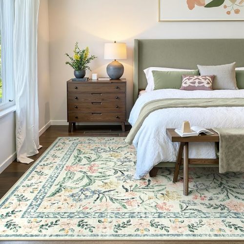 Wonnitar Large Rugs for Living Room, Soft Washable Floral 9x12 Area Rug for Bedroom, Boho Non-Shedding Foldable Carpet for Kids Playroom Apartment Home Decor