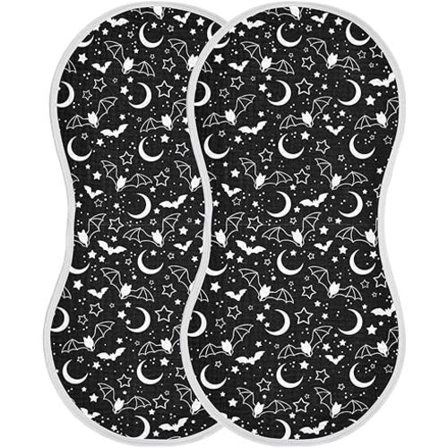 Muslin Burp Cloths for Baby Boys and Girls - 2-Pack Ultra Absorbent Halloween Bats Moons Star Muslin Washcloths, Newborn Towel, Milk Spit Up Rags, Burp Cloth Bibs for Unisex, 22 x 11 Inch