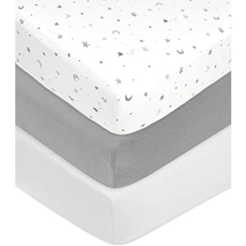 American Baby Company 3 Pack 100% Natural Cotton Fitted Crib Sheets 52" x 28" - Soft, Breathable, Hypoallergenic & Gentle Toddler Bed Sheets, Gray Stars/Gray/White, Neutral for Boys & Girls