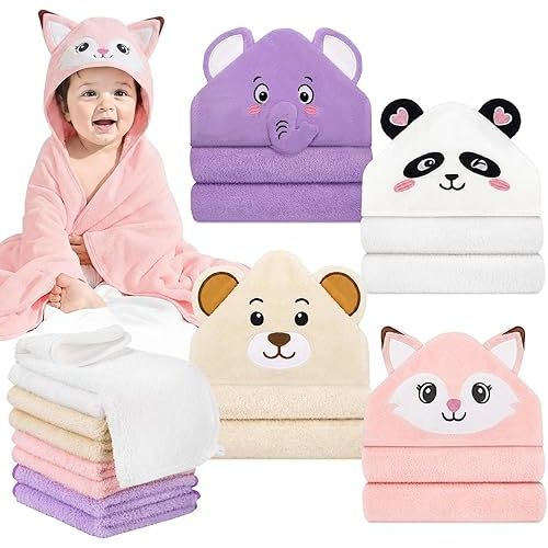 12 PCS Baby Bath Towels Set for Infants Toddlers, 4 PCS Animal Hooded Baby Towels & 8 PCS Washcloths Set, Ultra Absorbent Newborn Bath Essentials Gifts for Boys & Girls
