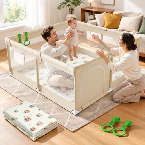 Large Baby Playpen – 47×47in Toddler Play Yard, Indoor Activity Fence for Apartments, Safe & Spacious Play Area (beige playpen with mat)