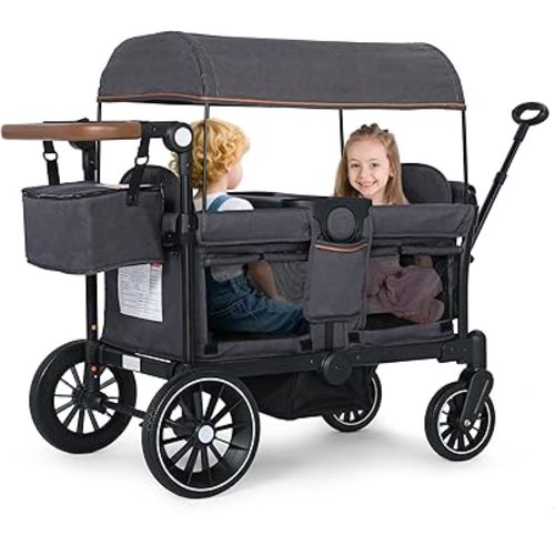 Kinder King Wagon Stroller for 2 Kids, Premium Foldable All-Terrain Outdoor Toddler Kids Stroller Wagon 2 Seaterswith Removable Canopy, Adjustable Push/Pull Bar, Snack Tray, Parent Organizer, Gray