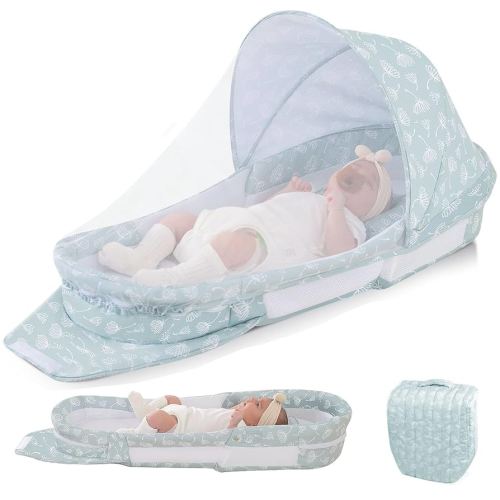 Portable Baby Lounger Bag, Foldabl Babies Nest with 2-in-1 Removable Mosquito Net, Infant Travel Nest Lounger, Easy Setup and Storage for Outdoors Indoors - Baby Registry (Light Green)