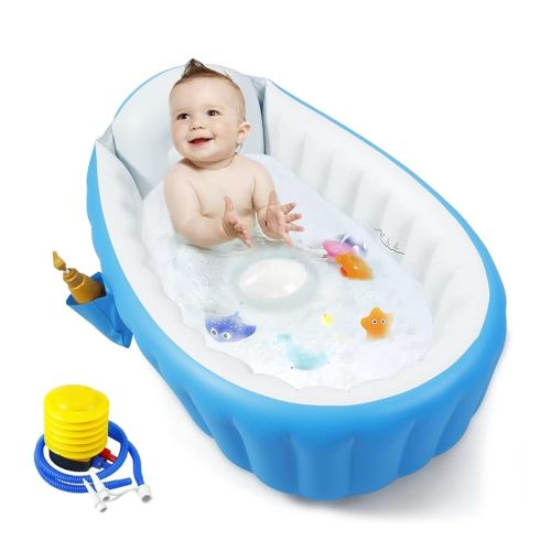 PandaEar Baby Inflatable Bathtub, Portable Travel Baby Infant Bath Tub Toddler Bathtub with Air Pump, Foldable Non-Slip Shower Basin Mini Air Swimming Pool for Newborn (Blue)