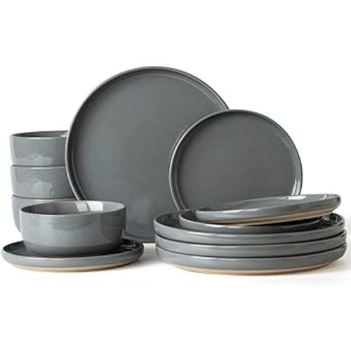 Famiware Milkyway Plates and Bowls Set, 12 Pieces Dinnerware Sets, Dishes Set for 4, Dark Gray