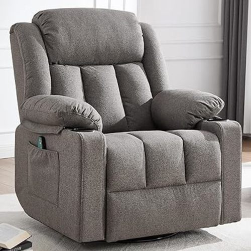 Rocker Swivel Recliner Chair for Adults, Overstuffed Large Manual Recliner Glider with Massage and Heat, Comfy Soft Fabric Living Room Reclining Sofa Chair (Smoke Grey)