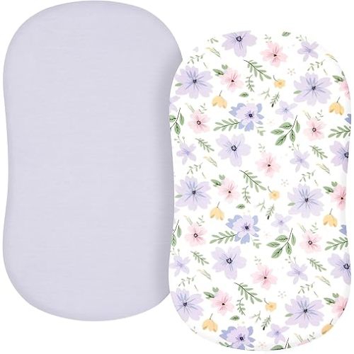 TILLYOU Bassinet Sheets Baby Ultra Soft Fitted for Boys Girls, Fits Oval/Rectangle/Hourglass Mattress，2 Pack Brilliant Little Flowers and Purple