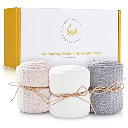 First Landings Baby Wrap - Set of 3 Premium Knit Wraps - Newborn Photography Props, Swaddle Wraps, or Receiving Blankets