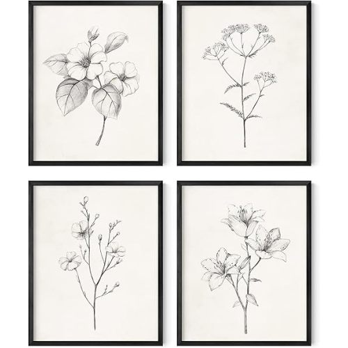 HAUS AND HUES Grey Floral Wall Art - Set of 4 Plant Posters for Wall Vintage, Botanical Prints, Black and White Flower Pictures for Room Aesthetic, Farmhouse Bathroom, Rustic Art (Black Frame, 8x10)