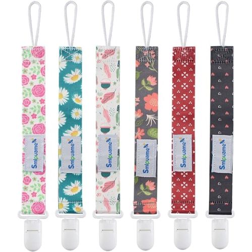 Smlpuame Pacifier Clip Girl,6 Pack Stylish Binky Clips Strap for Baby Girls,Paci Holder with Clip Lightweight Universal Fits Most Pacifiers Teether Toy Teething Ring Soothie,Baby Gifts(Flower)