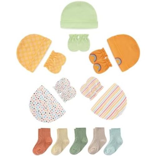 Newborn Baby Hats Mittens and Socks Set Infant Cotton Beanie Caps No Scratch Gloves for Boys Girls 0-6 Months