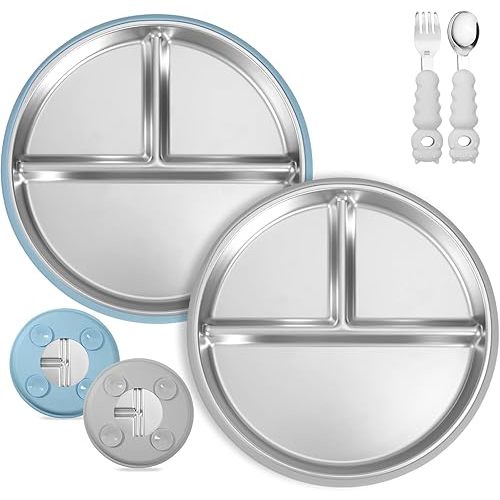 2 Pack Stainless Steel Baby Plates with Suction, Toddler Plates with Removable Silicone Shell for Kids, Non-Slip Toddler Baby Feeding Set, Forks + Spoons Included-Gray & Blue