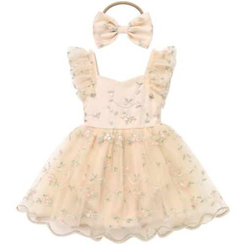 FYMNSI Infant Baby Girl 1st Birthday Outfit Floral Lace Tulle Romper Tutu Dress Headband 2PCS Bodysuit Princess Summer Clothe