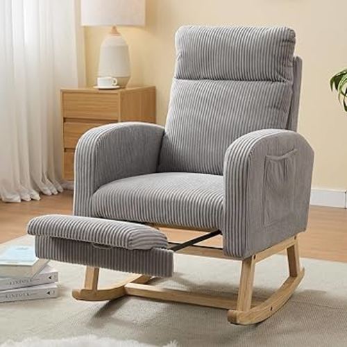 NIOIIKIT Nursery Rocking Chair, Corduroy Upholstered Rocking Chair with Adjustable Footrest, Tufted Rocker Chair with Side Pocket, Glider Rocker for Living Room, Bedroom (Grey Modern)