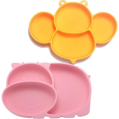 RUNDE Silicone Baby Plates with Suction,Divided Placemat Dish for Toddlers and Kids,Baby First Stage Self Feeding Training Supplies (MF-Pink & Yellow)