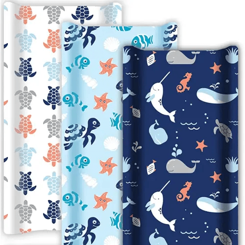 GROW WILD Changing Pad Cover 3 Pack | Soft & Stretchy Jersey Cotton | Baby Changing Table Pad Cover | Diaper Changing Pad Covers for Girls or Boys | Wipeable Sheets | White Blue Turtle Whale Ocean