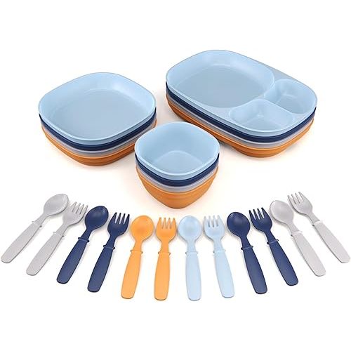 Kid’s Dinnerware Set - 24 Pieces, 4 Place Settings - Tough Tableware for Toddlers - Made in the USA - Dishwasher and Microwave Safe - BPA Free and Shatter Resistant (Sunset)
