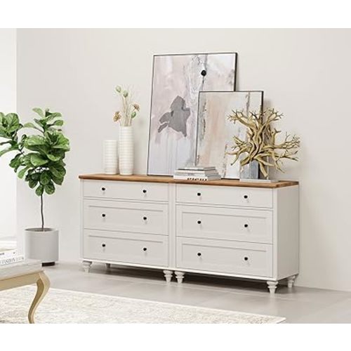WAMPAT Dresser for Bedroom with 6 Drawers, White Dressers with Wide Chest of Drawers, Mid Century Modern Wooden Closet Storage Organizer, Large Kids Dressers for Living Room, Nursery, Hallway